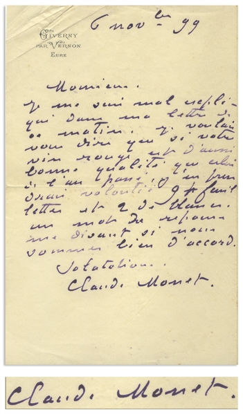 Claude Monet Autograph Letter Signed -- Monet Writes to His Wine Merchant, Amending His Wine Order